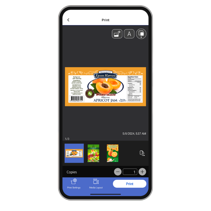 Epson Print App showing various labels to be printed off.
