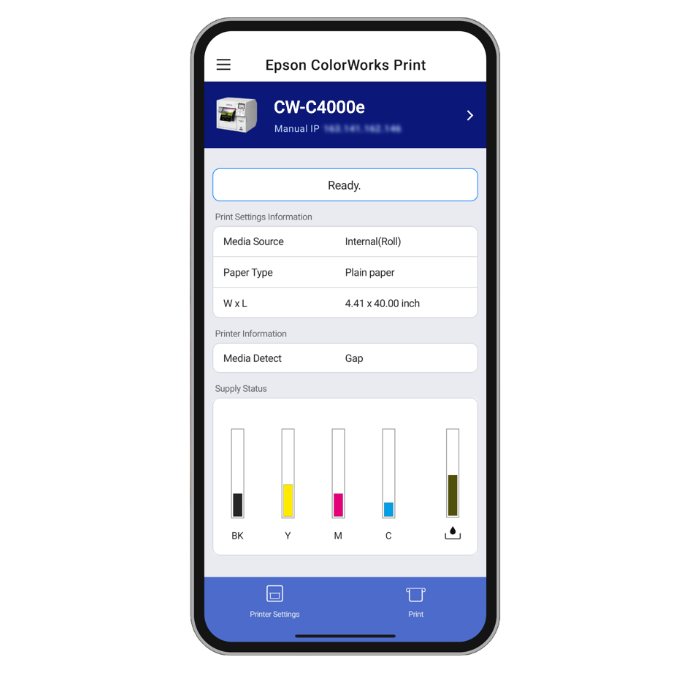 Epson ColorWorks print app showing various printer settings and information, such as media source, paper type, and ink levels.