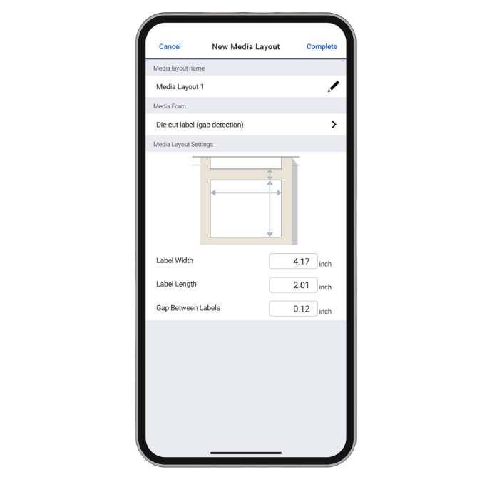 Epson ColorWorks print app showing user customisation for media layouts, setting label width, length and the gap between labels.