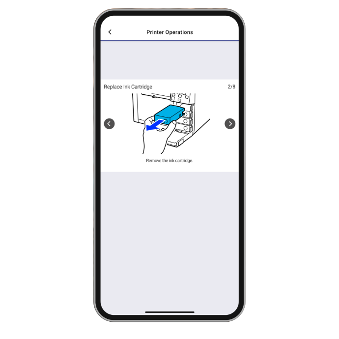 Epson Colorworks Print App showing troubleshooting tips relating to replacing the ink cartridge.