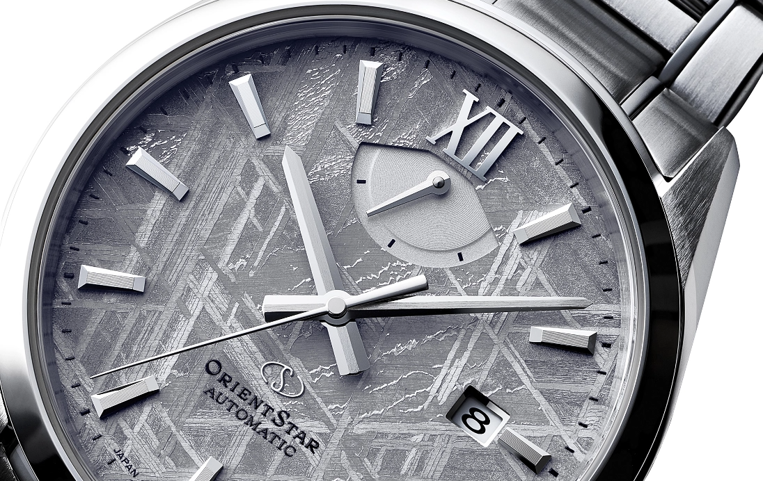 Orient star watch, close up of face and dials