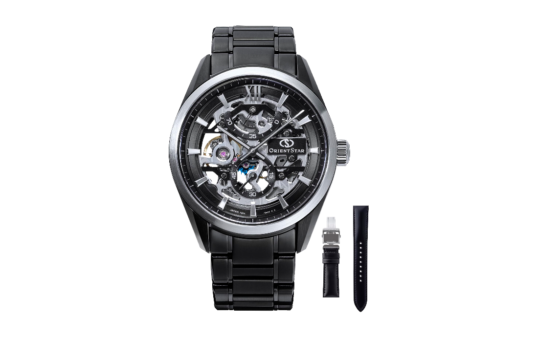 Orient star watch, black watch showing spare leather straps