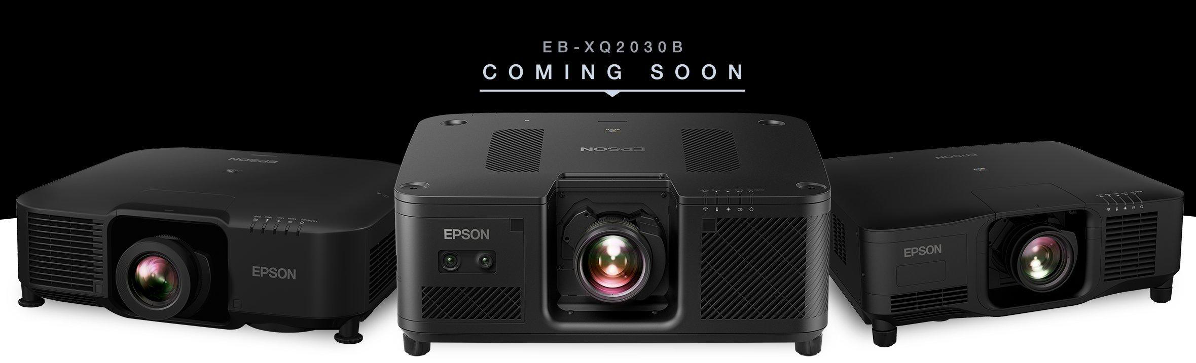 Three Epson projectors, with text above saying "EB-XQ2030B COMING SOON"